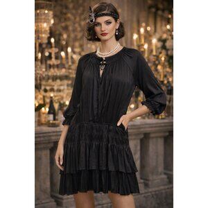 Current Air Ruby & Jenna Black Pleated Mini Dress Size L Boho Ruffle Smocked LA